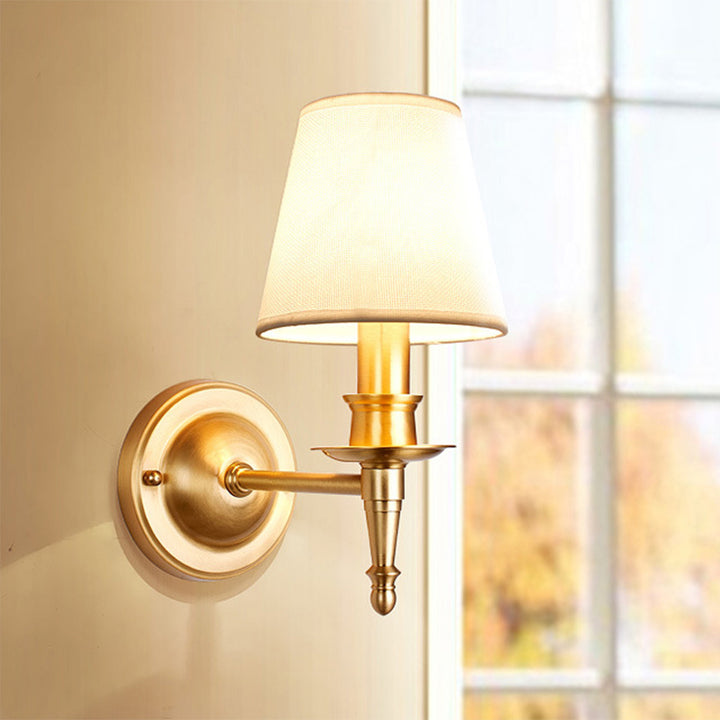 Traditional French Brass &amp; Fabric Round Shade 1-Light Wall Sconce Lamp For Living Room