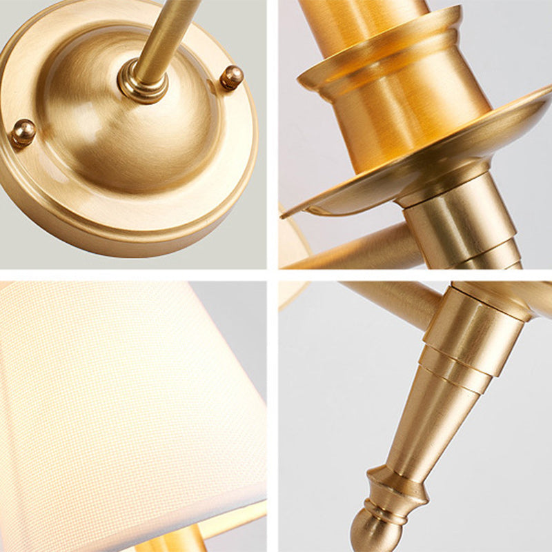 Traditional French Brass &amp; Fabric Round Shade 1-Light Wall Sconce Lamp For Living Room