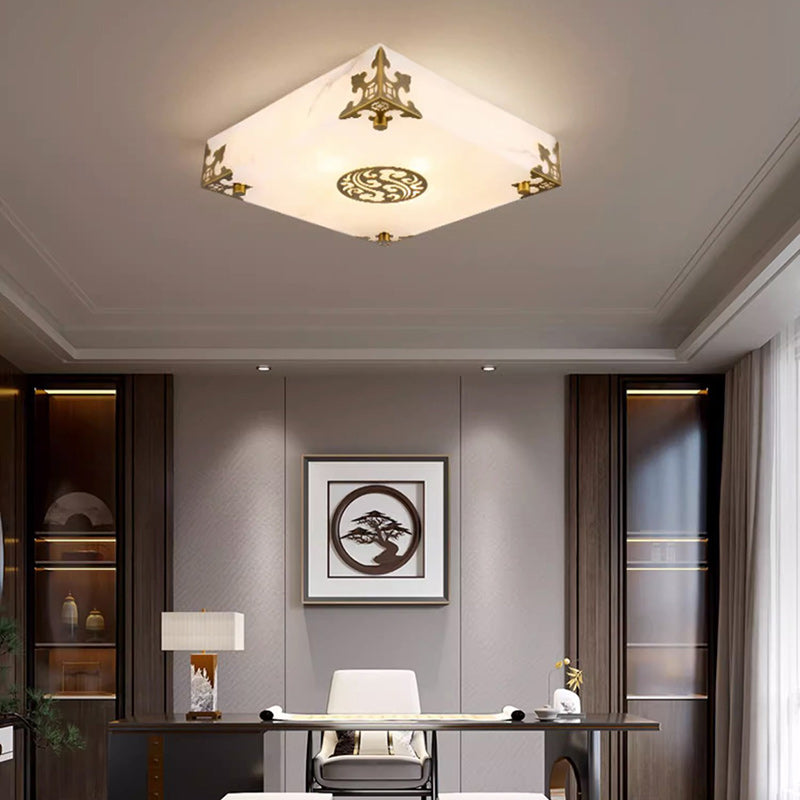 Traditionelle chinesische Deckenleuchte aus Messing und Jade im quadratischen LED-Design für das Wohnzimmer 