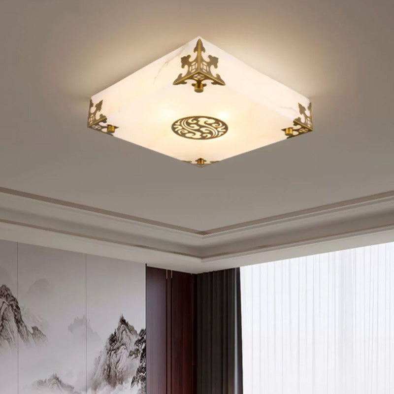 Traditionelle chinesische Deckenleuchte aus Messing und Jade im quadratischen LED-Design für das Wohnzimmer 