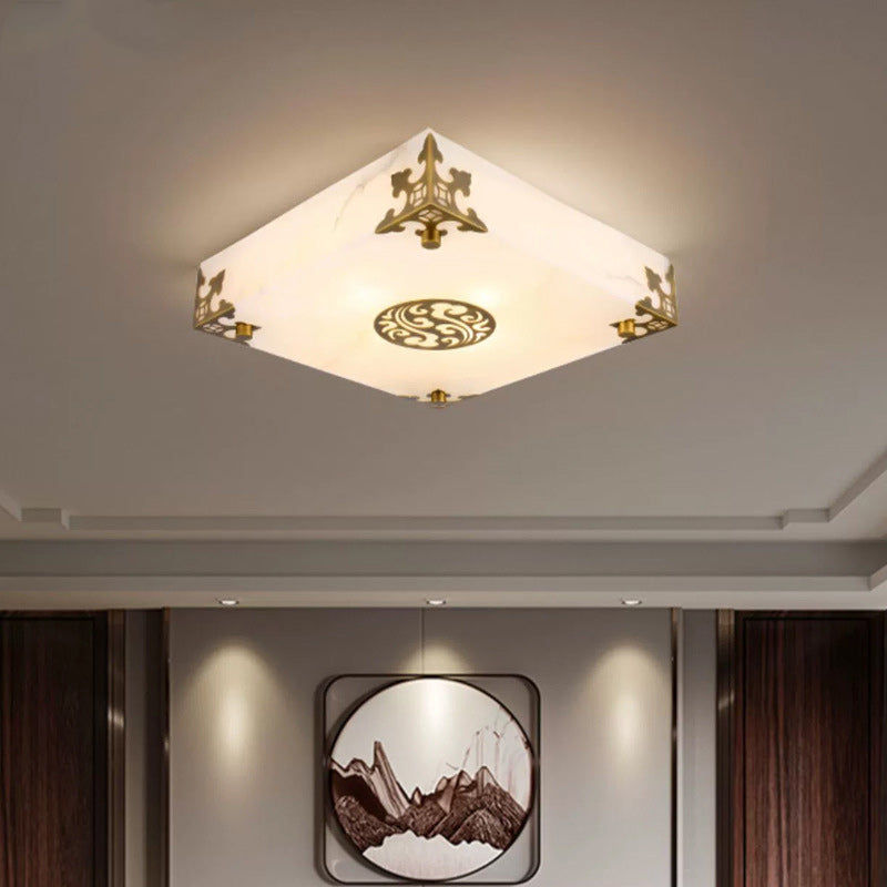 Traditionelle chinesische Deckenleuchte aus Messing und Jade im quadratischen LED-Design für das Wohnzimmer 