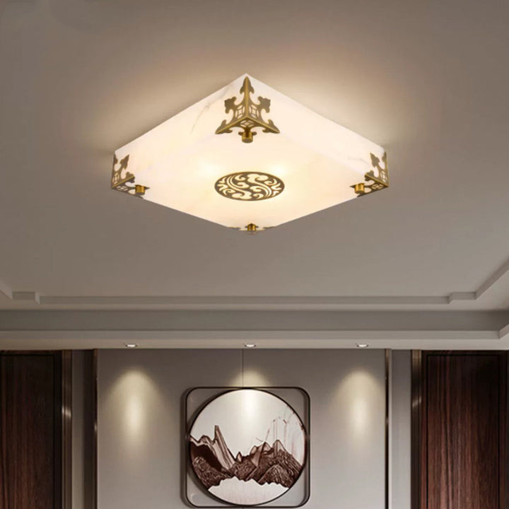 Traditionelle chinesische Deckenleuchte aus Messing und Jade im quadratischen LED-Design für das Wohnzimmer 