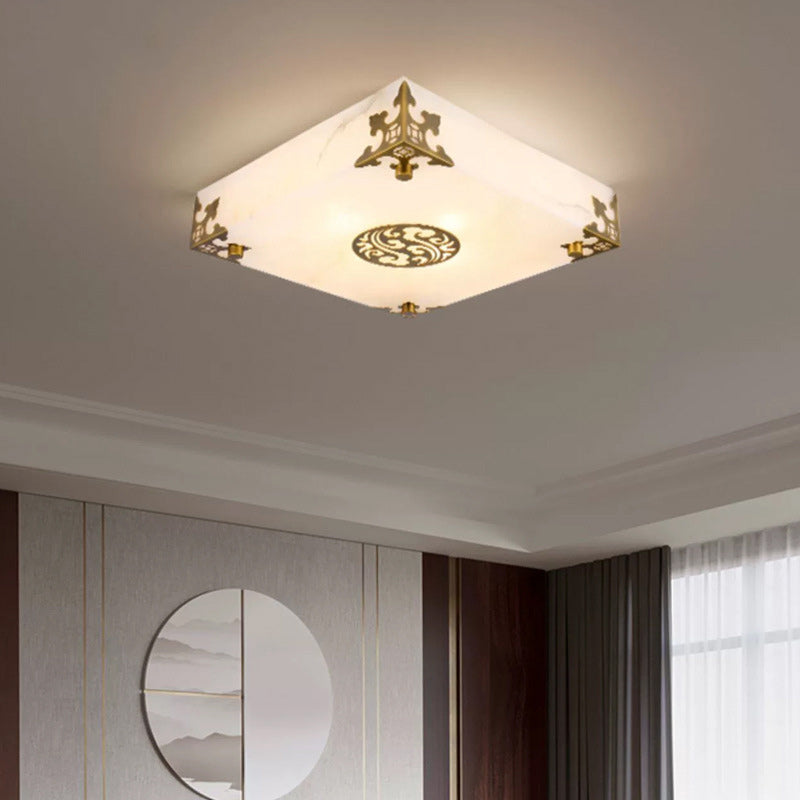 Traditionelle chinesische Deckenleuchte aus Messing und Jade im quadratischen LED-Design für das Wohnzimmer 