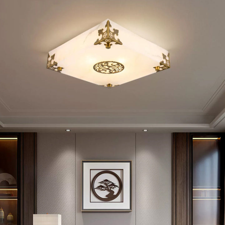 Traditionelle chinesische Deckenleuchte aus Messing und Jade im quadratischen LED-Design für das Wohnzimmer 
