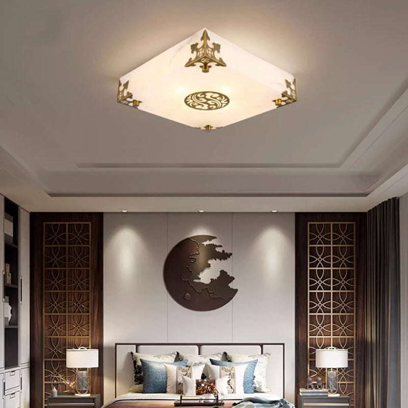 Traditionelle chinesische Deckenleuchte aus Messing und Jade im quadratischen LED-Design für das Wohnzimmer 
