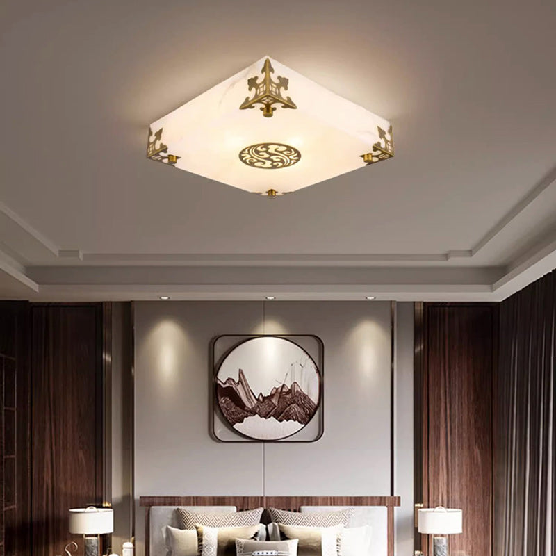 Traditionelle chinesische Deckenleuchte aus Messing und Jade im quadratischen LED-Design für das Wohnzimmer 