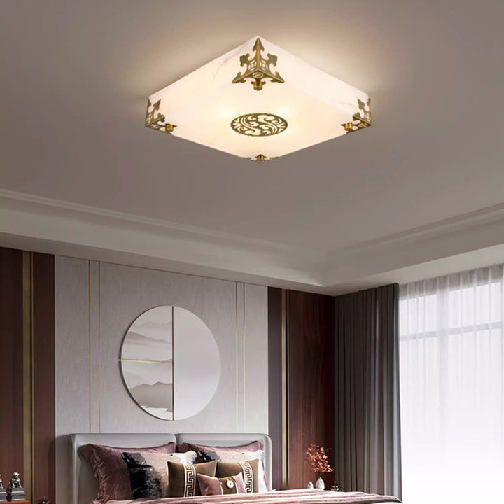Traditionelle chinesische Deckenleuchte aus Messing und Jade im quadratischen LED-Design für das Wohnzimmer 