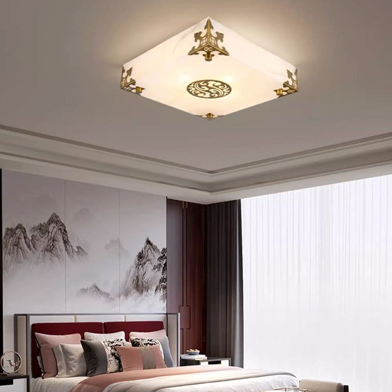 Traditionelle chinesische Deckenleuchte aus Messing und Jade im quadratischen LED-Design für das Wohnzimmer 