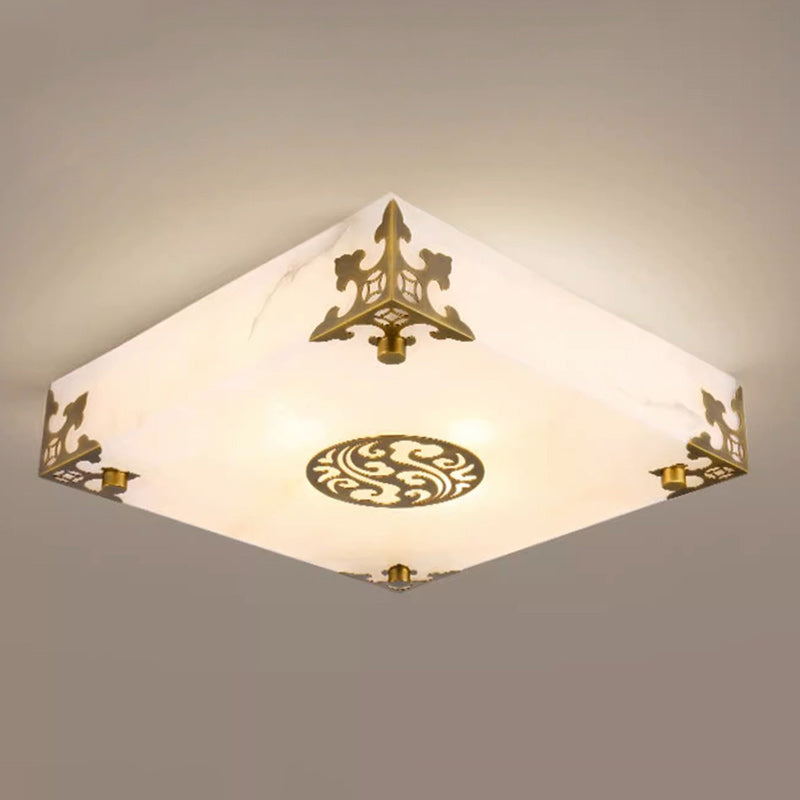 Traditionelle chinesische Deckenleuchte aus Messing und Jade im quadratischen LED-Design für das Wohnzimmer 