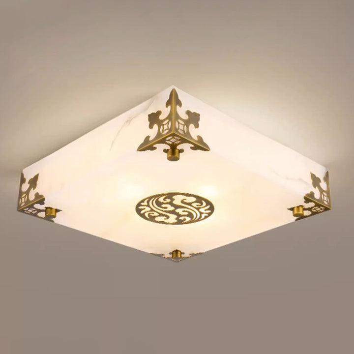 Traditionelle chinesische Deckenleuchte aus Messing und Jade im quadratischen LED-Design für das Wohnzimmer 