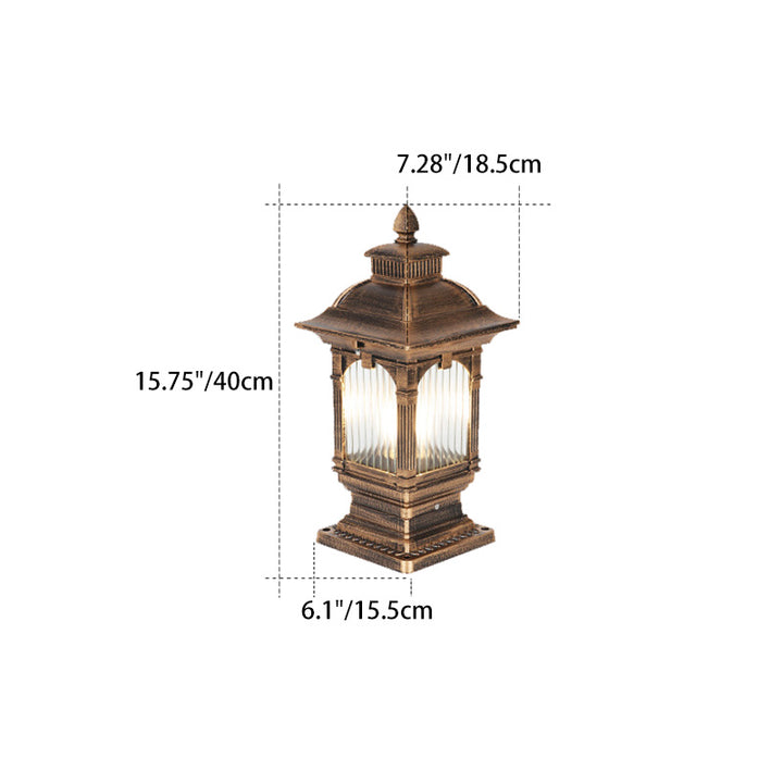Lumière extérieure de jardin à tête de poteau à 1 ampoule rectangulaire rayée en aluminium et verre européen traditionnel 