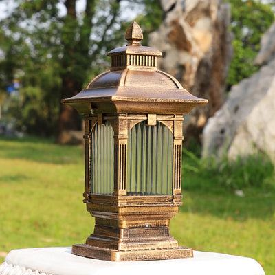 Lumière extérieure de jardin à tête de poteau à 1 ampoule rectangulaire rayée en aluminium et verre européen traditionnel 