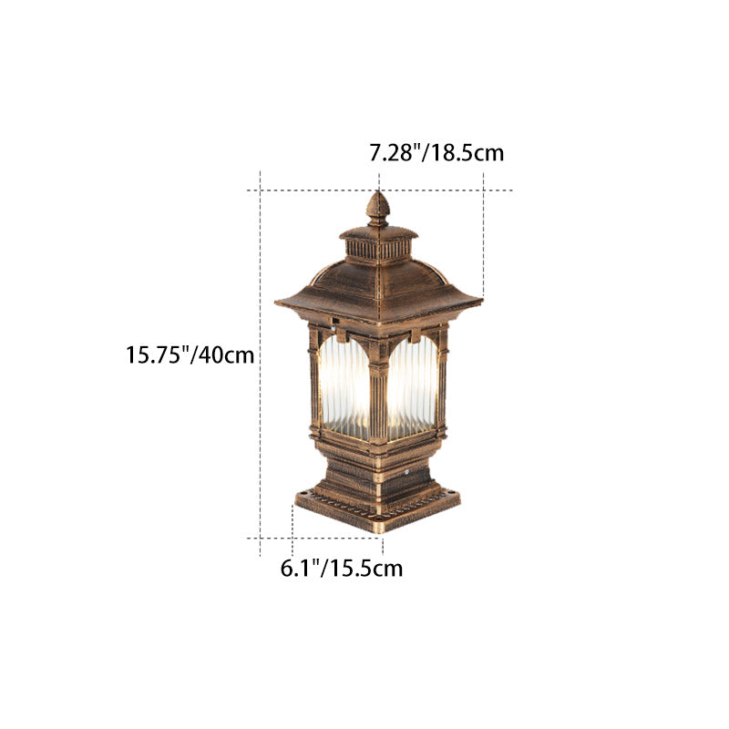 Lumière extérieure de jardin à tête de poteau à 1 ampoule rectangulaire rayée en aluminium et verre européen traditionnel 