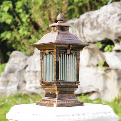 Lumière extérieure de jardin à tête de poteau à 1 ampoule rectangulaire rayée en aluminium et verre européen traditionnel 