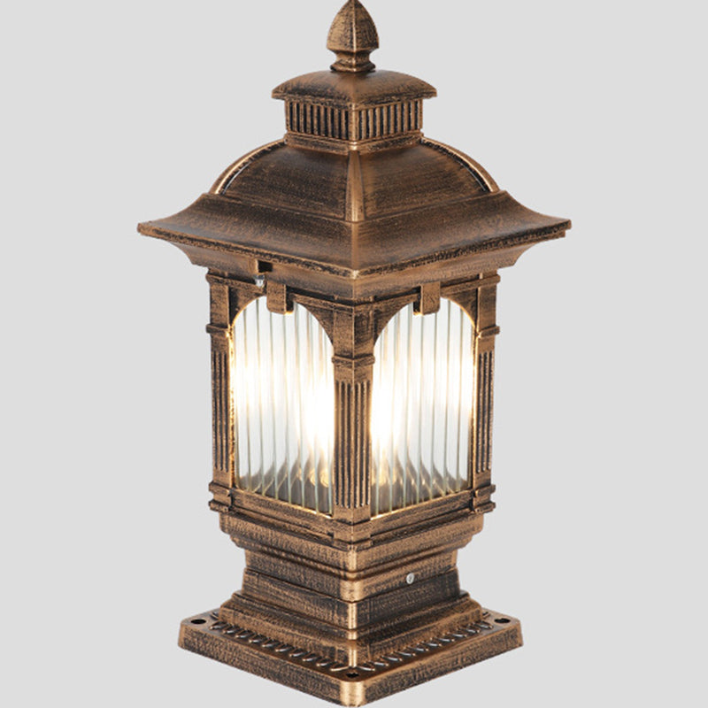 Lumière extérieure de jardin à tête de poteau à 1 ampoule rectangulaire rayée en aluminium et verre européen traditionnel 