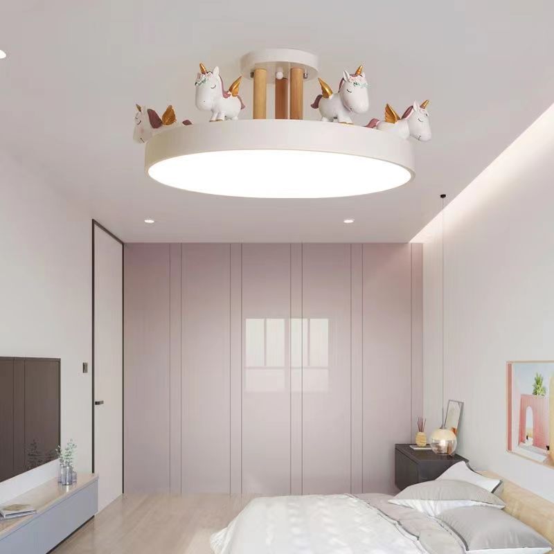 Contemporary Creative Resin Iron Acrylic Wood Unicorn Round LED Semi-Flush Mount Ceiling Light For Bedroom