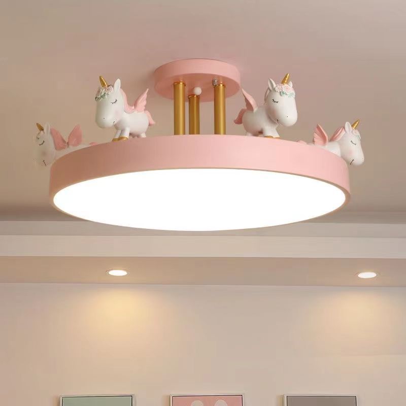 Contemporary Creative Resin Iron Acrylic Wood Unicorn Round LED Semi-Flush Mount Ceiling Light For Bedroom