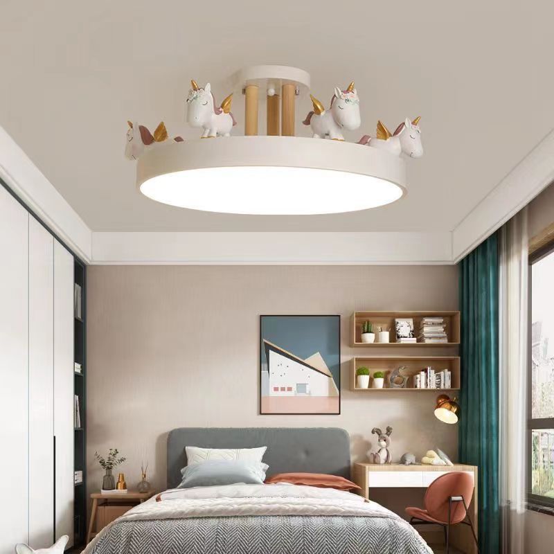 Contemporary Creative Resin Iron Acrylic Wood Unicorn Round LED Semi-Flush Mount Ceiling Light For Bedroom