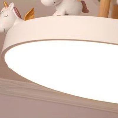 Contemporary Creative Resin Iron Acrylic Wood Unicorn Round LED Semi-Flush Mount Ceiling Light For Bedroom