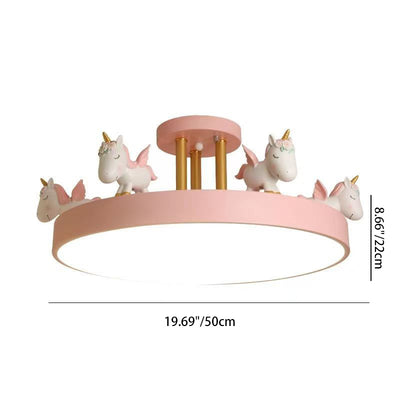 Contemporary Creative Resin Iron Acrylic Wood Unicorn Round LED Semi-Flush Mount Ceiling Light For Bedroom