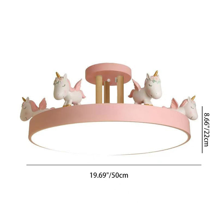 Contemporary Creative Resin Iron Acrylic Wood Unicorn Round LED Semi-Flush Mount Ceiling Light For Bedroom