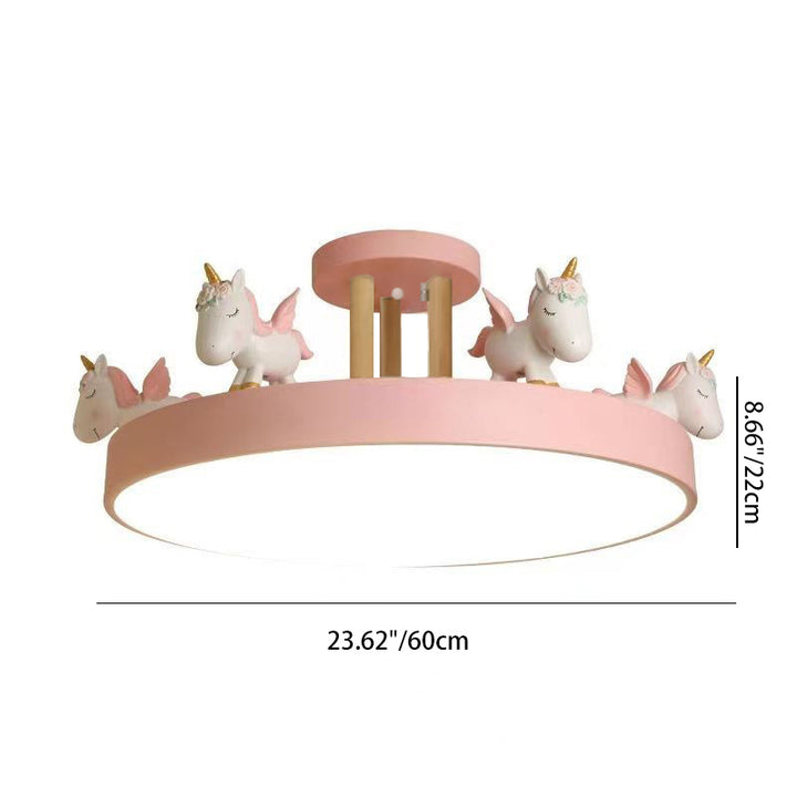 Contemporary Creative Resin Iron Acrylic Wood Unicorn Round LED Semi-Flush Mount Ceiling Light For Bedroom