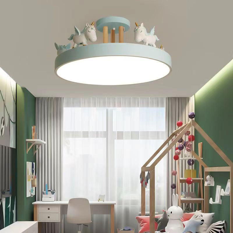 Zeitgenössische kreative Harz Eisen Acryl Holz Einhorn Runde LED Deckenleuchte für Schlafzimmer 