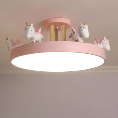 Zeitgenössische kreative Harz Eisen Acryl Holz Einhorn Runde LED Deckenleuchte für Schlafzimmer 