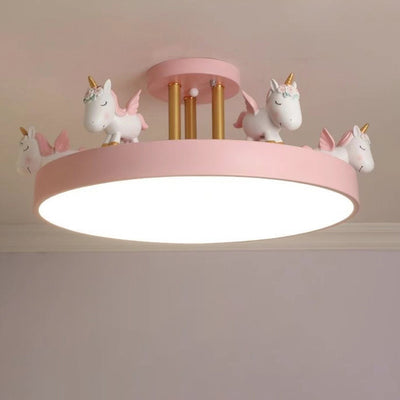 Contemporary Creative Resin Iron Acrylic Wood Unicorn Round LED Semi-Flush Mount Ceiling Light For Bedroom
