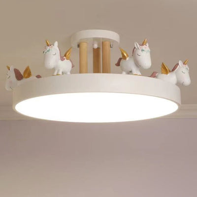 Contemporary Creative Resin Iron Acrylic Wood Unicorn Round LED Semi-Flush Mount Ceiling Light For Bedroom