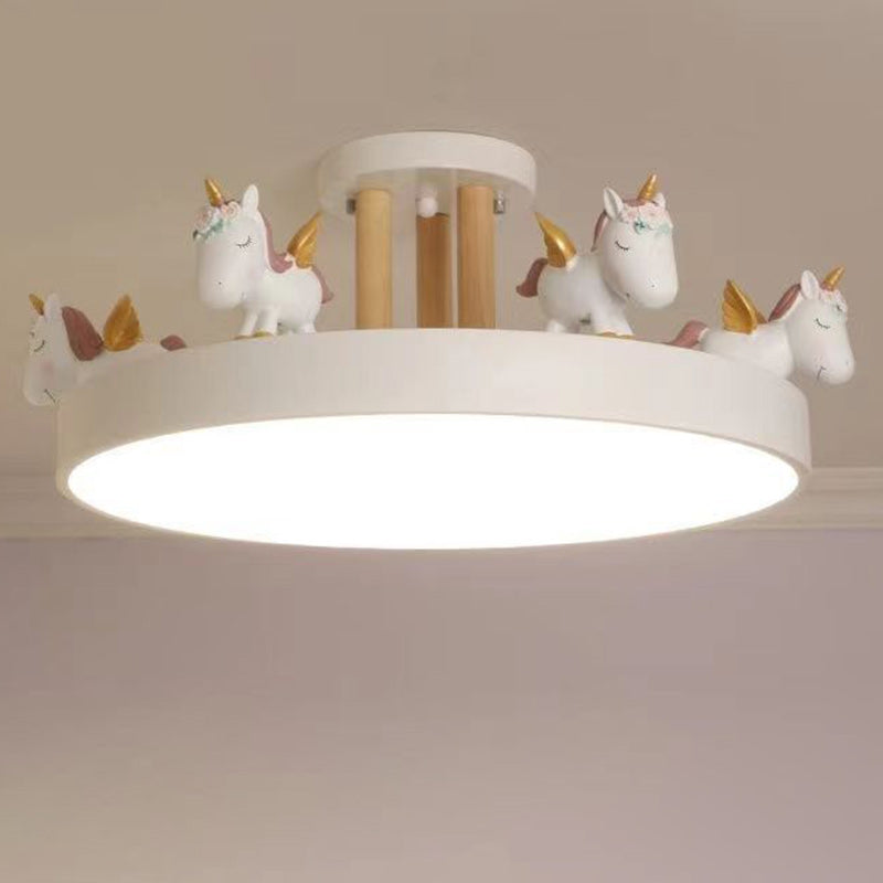 Contemporary Creative Resin Iron Acrylic Wood Unicorn Round LED Semi-Flush Mount Ceiling Light For Bedroom