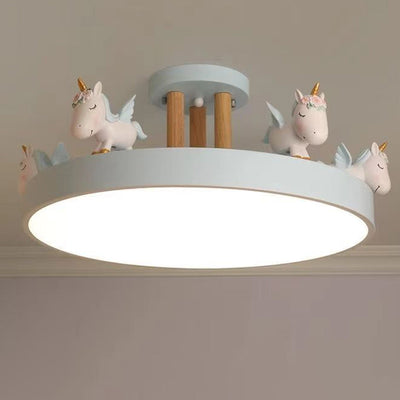 Contemporary Creative Resin Iron Acrylic Wood Unicorn Round LED Semi-Flush Mount Ceiling Light For Bedroom