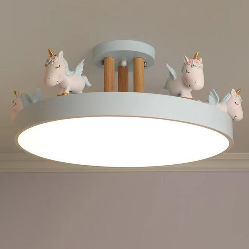 Contemporary Creative Resin Iron Acrylic Wood Unicorn Round LED Semi-Flush Mount Ceiling Light For Bedroom