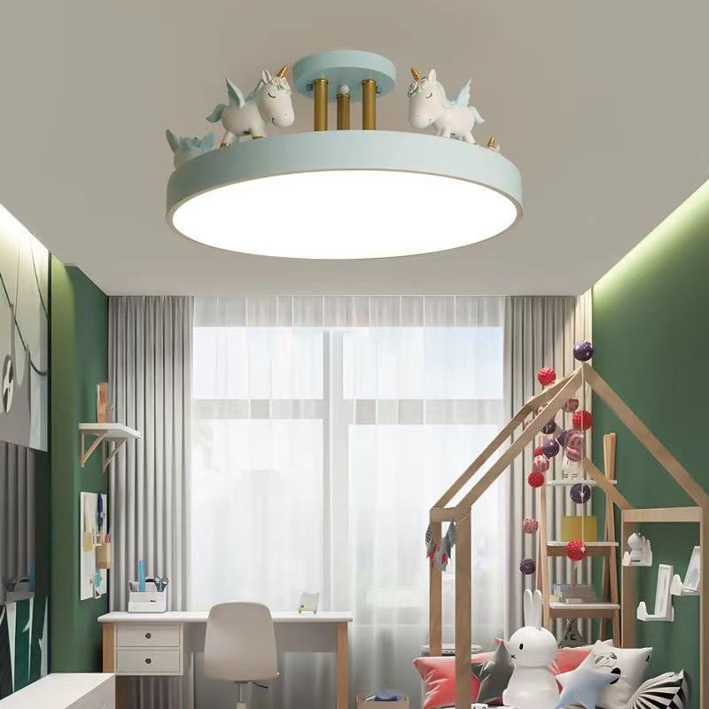 Contemporary Creative Resin Iron Acrylic Wood Unicorn Round LED Semi-Flush Mount Ceiling Light For Bedroom