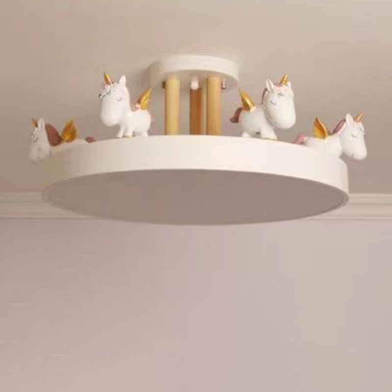 Contemporary Creative Resin Iron Acrylic Wood Unicorn Round LED Semi-Flush Mount Ceiling Light For Bedroom