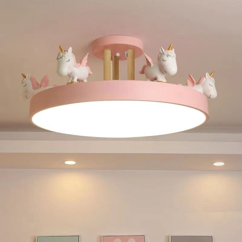Zeitgenössische kreative Harz Eisen Acryl Holz Einhorn Runde LED Deckenleuchte für Schlafzimmer 