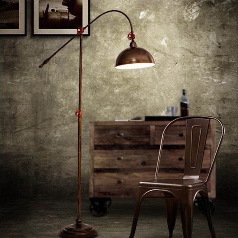 Lampe de sol contemporaine à 1 lumière avec canne à pêche et dôme en fer industriel pour salon 