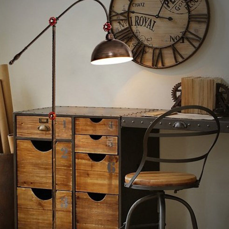Lampe de sol contemporaine à 1 lumière avec canne à pêche et dôme en fer industriel pour salon 
