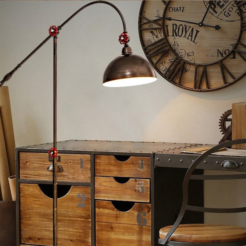 Lampe de sol contemporaine à 1 lumière avec canne à pêche et dôme en fer industriel pour salon 