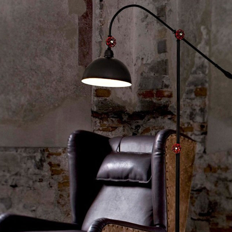 Lampe de sol contemporaine à 1 lumière avec canne à pêche et dôme en fer industriel pour salon 