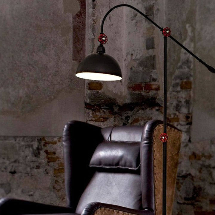Lampe de sol contemporaine à 1 lumière avec canne à pêche et dôme en fer industriel pour salon 