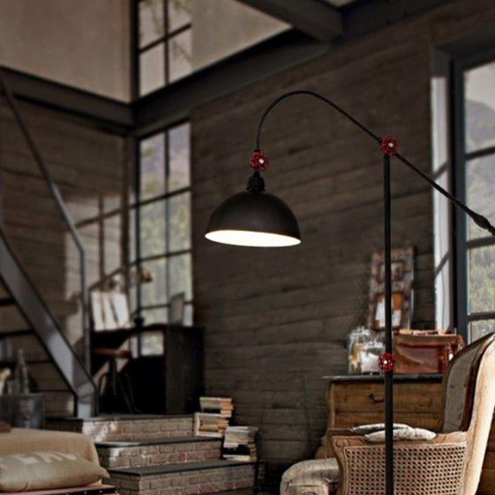 Lampe de sol contemporaine à 1 lumière avec canne à pêche et dôme en fer industriel pour salon 