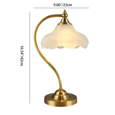 Traditionelle Europäische Tischlampe mit Messing-Glas-Blumenschirm und rundem Sockel, 1-Licht für das Schlafzimmer 