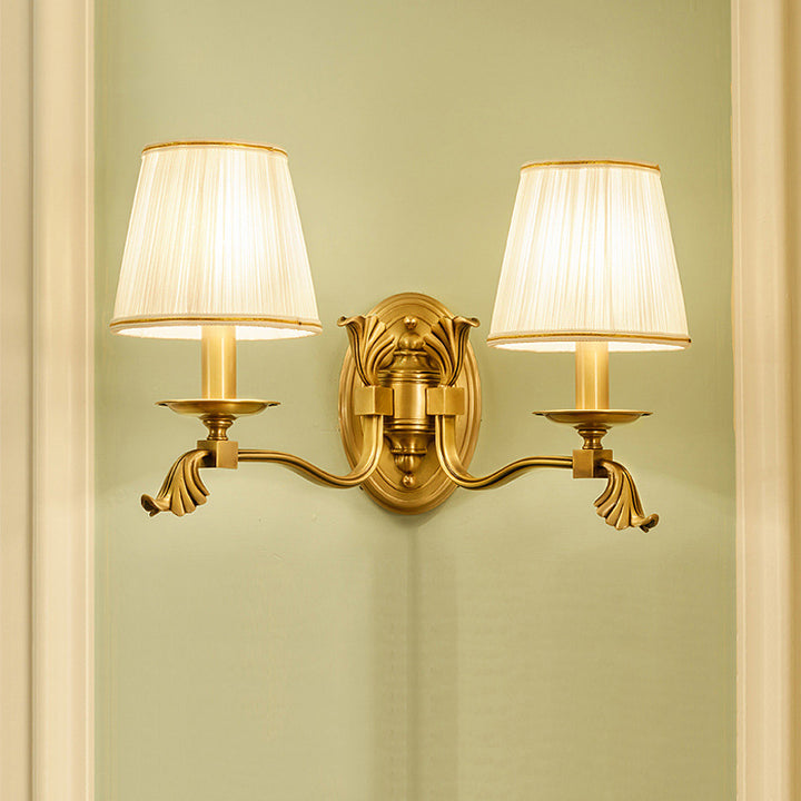 Applique murale 1/2 lumière avec support de bougie et abat-jour en tissu rayé en laiton européen traditionnel pour salon 