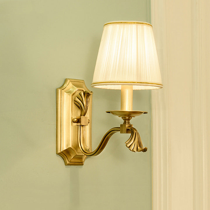 Applique murale 1/2 lumière avec support de bougie et abat-jour en tissu rayé en laiton européen traditionnel pour salon 