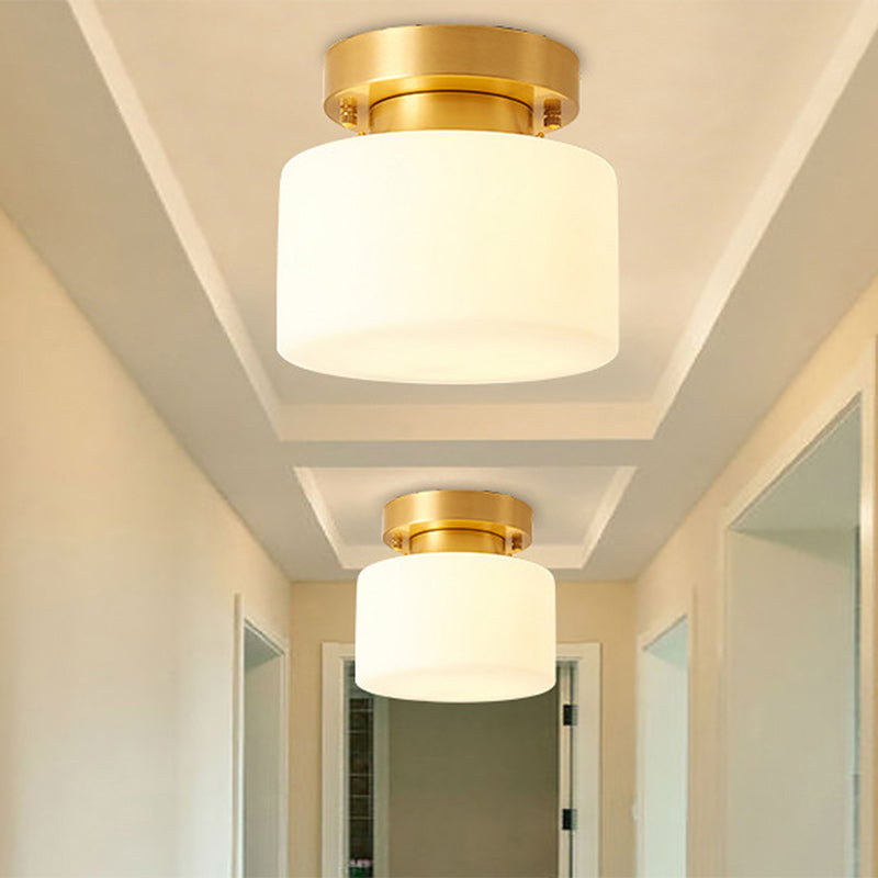 Traditionelle chinesische Messing zylindrische quadratische 1-Licht Semi-Flush-Montage Deckenleuchte für Wohnzimmer 