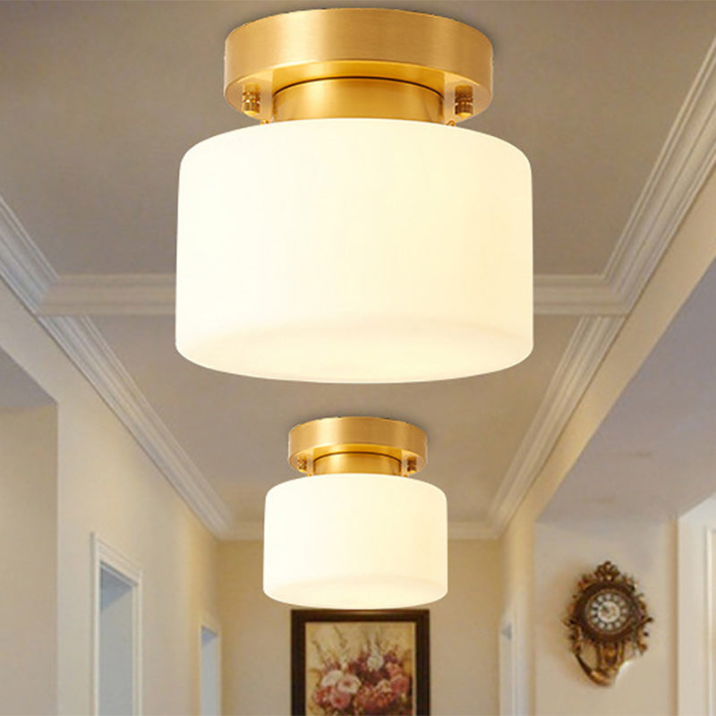 Traditionelle chinesische Messing zylindrische quadratische 1-Licht Semi-Flush-Montage Deckenleuchte für Wohnzimmer 