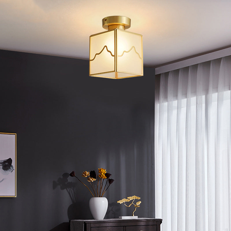 Traditionelle chinesische Messing zylindrische quadratische 1-Licht Semi-Flush-Montage Deckenleuchte für Wohnzimmer 