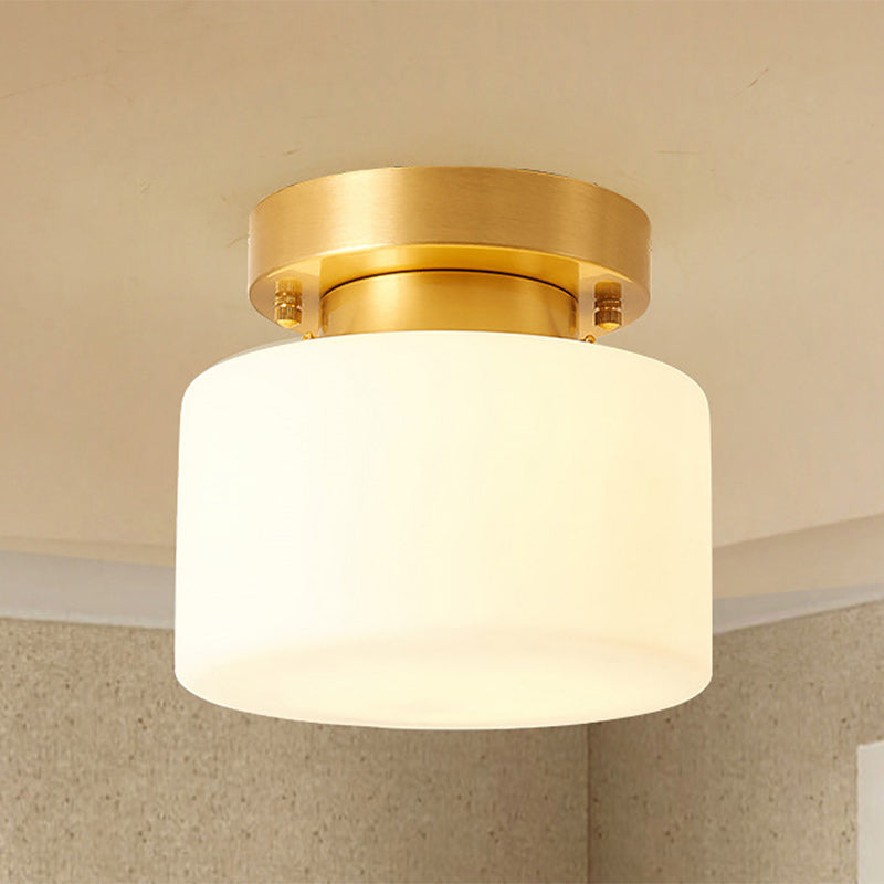 Traditionelle chinesische Messing zylindrische quadratische 1-Licht Semi-Flush-Montage Deckenleuchte für Wohnzimmer 