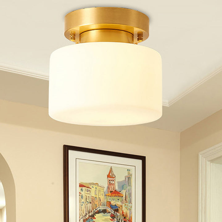 Traditionelle chinesische Messing zylindrische quadratische 1-Licht Semi-Flush-Montage Deckenleuchte für Wohnzimmer 